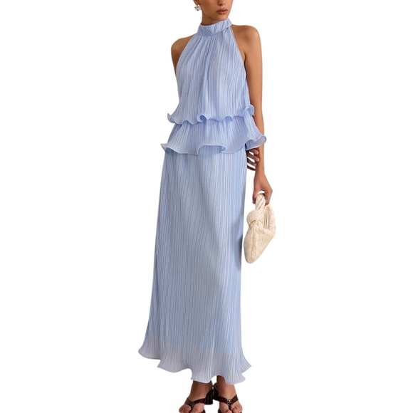 Commense Dresses & Skirts - Commense Light Blue Two Piece Set NWT XS Light Blue Top & Midi Skirt Pleated